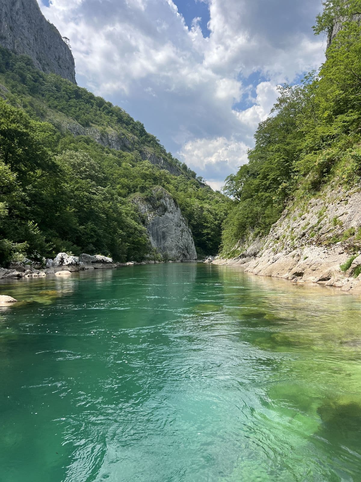 Emerald river canyon framed by green mountains in Bosnia